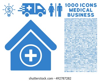 Add Building icon with 1000 medical business cobalt vector pictographs. Design style is flat symbols, white background.