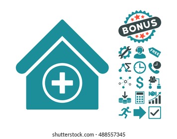 Add Building icon with bonus pictogram. Vector illustration style is flat iconic bicolor symbols, soft blue colors, white background.