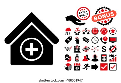 Add Building icon with bonus pictures. Vector illustration style is flat iconic bicolor symbols, intensive red and black colors, white background.