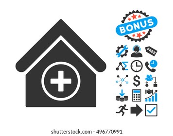 Add Building icon with bonus icon set. Vector illustration style is flat iconic bicolor symbols, blue and gray colors, white background.