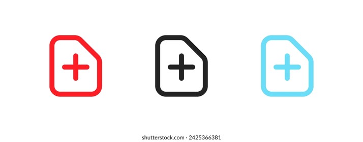 Add a button file. Flat, color, document with plus icons. Vector icons