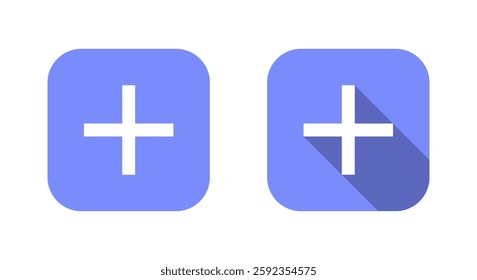 Add button icon on blue square. Plus sign symbol with long shadow