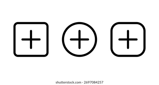 Add button icon set. Plus sign in square and circle symbol. Insert or create design. Editable stroke