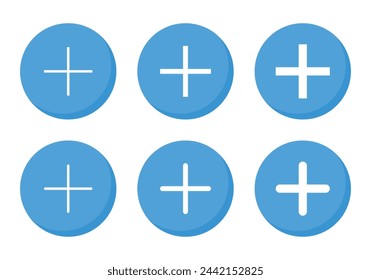 Add button icon vector in flat style. Plus symbol on blue circle