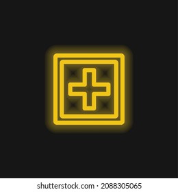 Añadir Signo De Botón De Un Símbolo Más Dentro De Una Forma Cuadrada Doble Icono De Neón Brillante Amarillo