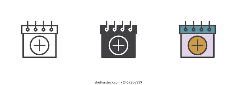 Add calendar date different style icon set. Line, glyph and filled outline colorful version, outline and filled vector sign. Calendar with plus symbol, logo illustration. Vector graphics