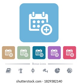 Add to calendar white flat icons on color rounded square backgrounds. 6 bonus icons included