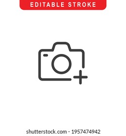 Add Camera Outline Icon. New Camera Line Art Logo. Vector Illustration. Isolated on White Background. Editable Stroke