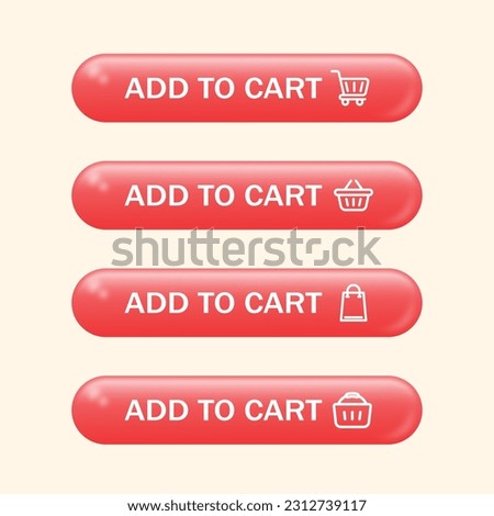 Add to cart 3d button set with highlights and different sign. Online shopping button for add to wish list vector illustration.