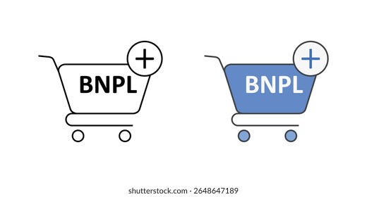 Adicionar ao carrinho com o ícone da opção BNPL mostrando o carrinho de compras e o crachá BNPL, perfeito para e-commerce, finanças digitais e comprar agora pagar plataformas posteriores.