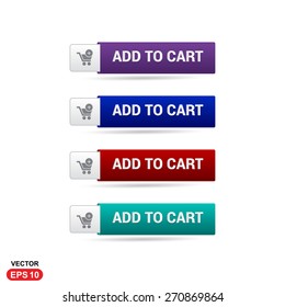 Add To Cart Button. Abstract beautiful text button with icon. Purple Button, Blue Button, Red Button, Green Button, Turquoise button. web design element. Call to action gray icon button
