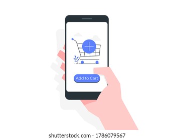 Añadir al carrito el botón de la pantalla móvil con la mano sosteniendo el teléfono móvil. Ilustración del concepto de compra en línea.