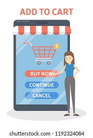 Add to cart button on the smartphone. Buy goods in online store using mobile phone. Shopping website in the internet. Modern technology. Isolated flat vector illustration