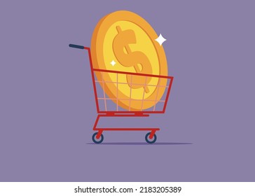 Add to cart concept, a dollar currency market purchase, buy a dollar online.