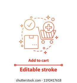 Add to cart concept icon. Online shopping. Digital purchase idea thin line illustration. Select items. Vector isolated outline drawing. Editable stroke