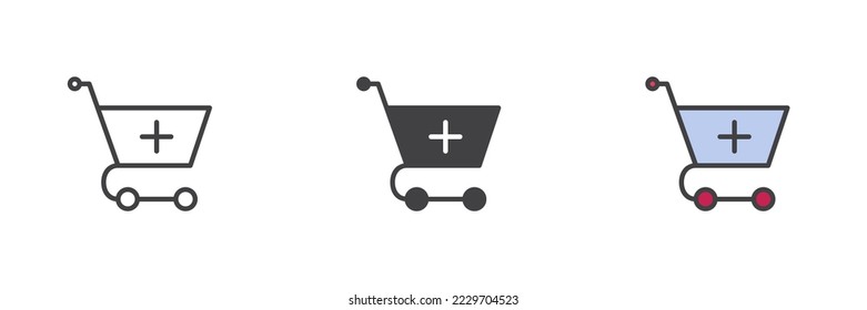 Add to cart different style icon set. Line, glyph and filled outline colorful version, outline and filled vector sign. Shopping cart plus symbol, logo illustration. Vector graphics