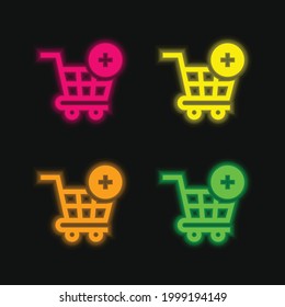Añadir al carro un icono de vector de neón brillante de cuatro colores