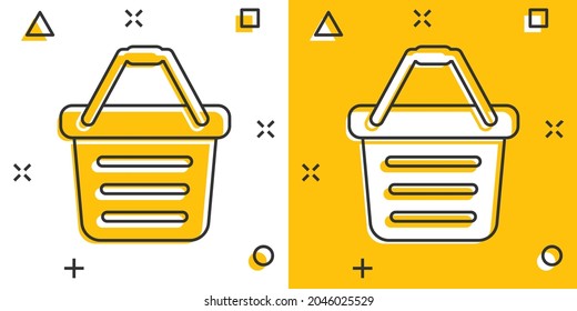 Add to cart icon in comic style. Shopping cartoon vector illustration on white isolated background. Basket splash effect business concept.