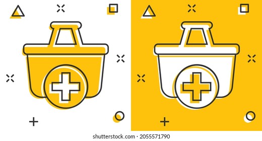 Add to cart icon in comic style. Shopping vector cartoon illustration on white isolated background. Basket with plus sign splash effect business concept.