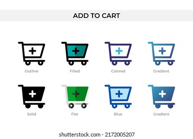 Add To Cart icon in different style. Add To Cart vector icons designed in outline, solid, colored, filled, gradient, and flat style. Symbol, logo illustration. Vector illustration