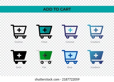 Add To Cart icon in different style. Add To Cart vector icons designed in outline, solid, colored, filled, gradient, and flat style. Symbol, logo illustration. Vector illustration