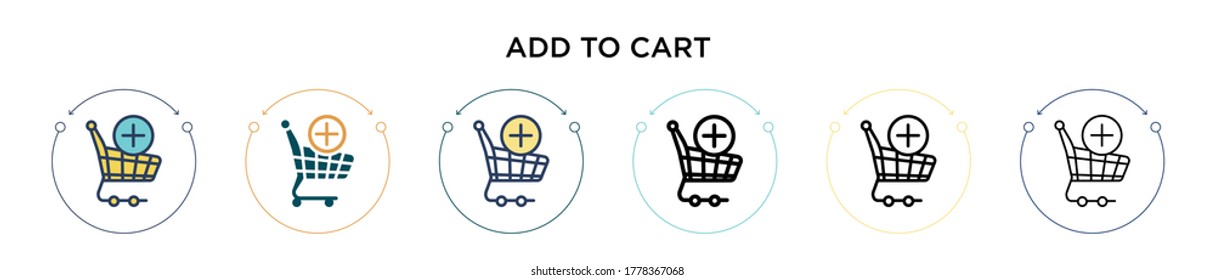 Add to cart icon in filled, thin line, outline and stroke style. Vector illustration of two colored and black add to cart vector icons designs can be used for mobile, ui, web
