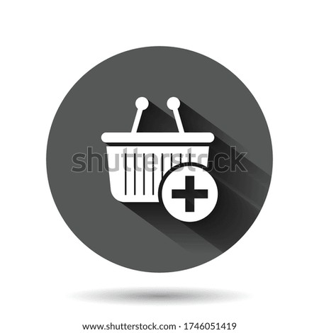 Add to cart icon in flat style. Shopping vector illustration on black round background with long shadow effect. Basket with plus sign circle button business concept.