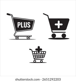Ícone Adicionar ao Carrinho - Carrinho de Compras Preto Mínimo com Símbolo de Adição no Plano de Fundo Branco