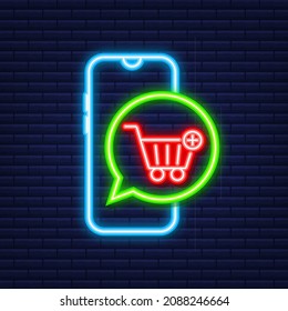 Add to cart icon. Neon icon. Shopping Cart icon. Vector illustration.