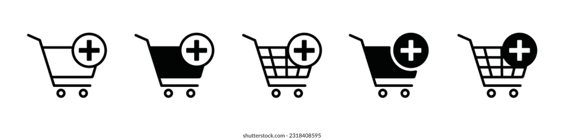 Add to cart icon. Online shop shopping cart icon with plus sign symbol on white background with editable stroke for apps and websites. Vector illustration EPS 10