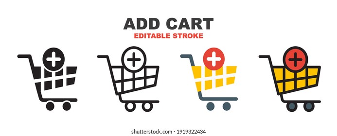 Añadir conjunto de iconos de carro con estilos diferentes. Iconos vectoriales de colores diseñados en color relleno, contorno, plano, glifo y línea. El estilo de trazo editable se puede usar para web, móvil, ui y más.