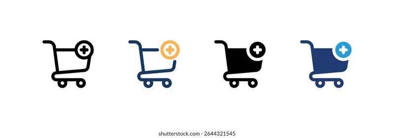 Ícone Adicionar ao carrinho define várias coleções de estilos. Ilustração vetorial.