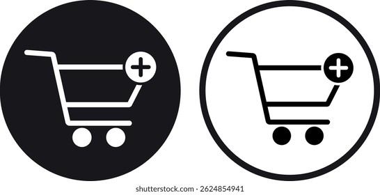 Add to cart icon set in two styles . Shopping cart icon with plus sign . Vector illustration