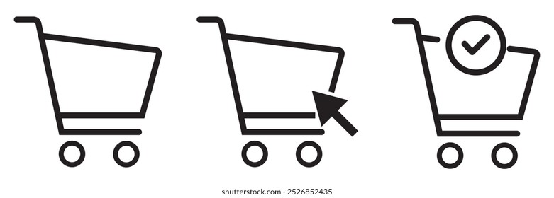 Añadir al conjunto de iconos de Carrito. Compras en línea. Haga un pedido. Icono de línea de Vector para negocios y publicidad.
