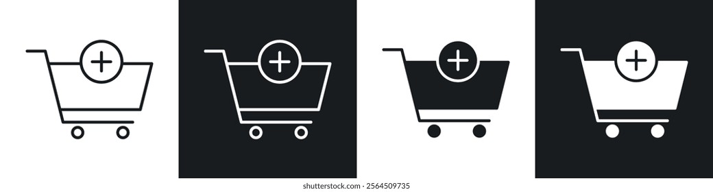 Add to cart icons collection in black filled and line style.