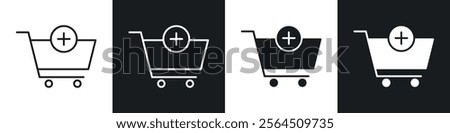 Add to cart icons collection in black filled and line style.