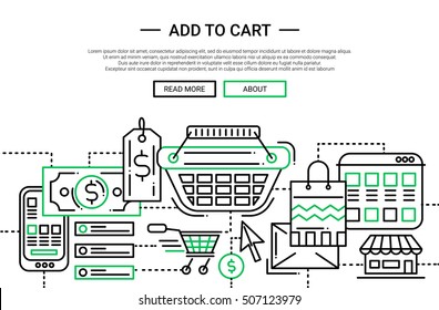 Add to Cart - illustration of vector modern simple line design composition and infographics elements with shopping symbols. Header, banner for your site.