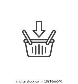 Add to cart line icon. linear style sign for mobile concept and web design. Shopping basket with down arrow outline vector icon. Symbol, logo illustration. Vector graphics