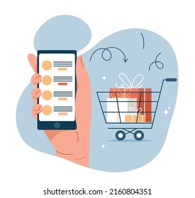 Añadir al carrito. Realizar compras en línea usando el teléfono. Marketing digital y compra remota en la tienda usando aplicación móvil en smartphone. Carro de mano con bienes y regalos. Dibujo vectorial plano de dibujos animados.