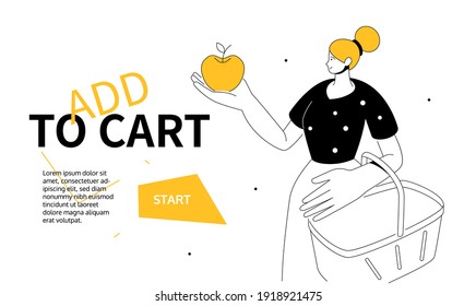 Add to cart - modern colorful line design style web banner with copy space for text. Shopping online, e-commerce website header idea. A composition with a woman with a basket, holding an apple