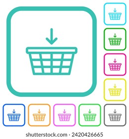 Add to cart outline vivid colored flat icons in curved borders on white background