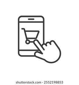 Añadir al Carrito desde el teléfono, icono en el diseño de línea. Añadir, Carrito, teléfono, compras, compra, móvil, comercio electrónico en el Vector de fondo blanco. Añadir al Carrito desde el icono de trazo editable del teléfono