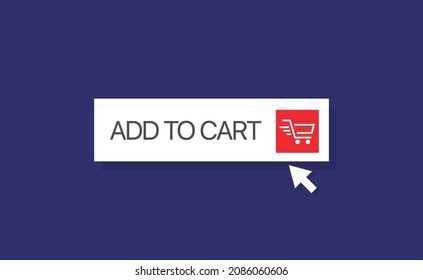 Add to cart square shape white button icon vector. Red Shopping cart on dark blue square background icon. Flat design
