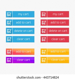 Add to Cart vector icons. Flat shopping cart shop button set. Ecommerce interface elements. Modern ui buy now for online store. Design element of Web site, applications, e-shop.