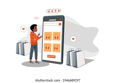 Agregar al concepto de Ilustración del vector de carro. Hombre haciendo compras en línea y agregando productos en carrito. Ilustración plana aislada en fondo blanco.