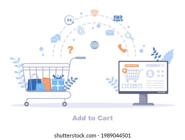 Add To Cart Vector Illustration That Contain List Products, Pictures of Cart and Shopping Items. Landing Page Template