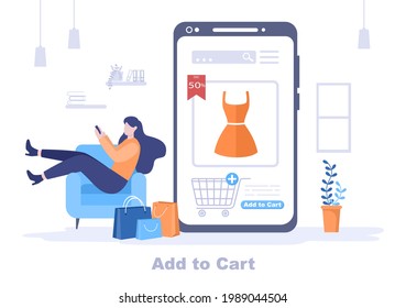 Add To Cart Vector Illustration That Contain List Products, Pictures of Cart and Shopping Items. Landing Page Template