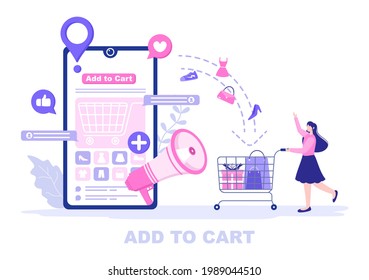 Añadir a la ilustración vectorial de carro que contiene productos de lista, imágenes de carrito y artículos de compras. Plantilla de página de inicio