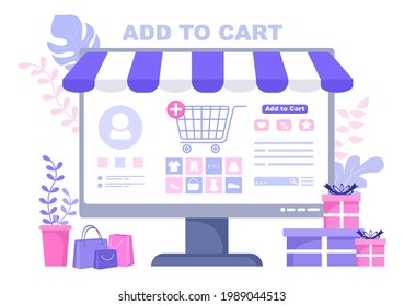 Add To Cart Vector Illustration That Contain List Products, Pictures of Cart and Shopping Items. Landing Page Template