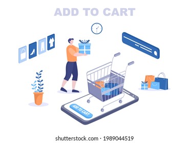 Add To Cart Vector Illustration That Contain List Products, Pictures of Cart and Shopping Items. Landing Page Template